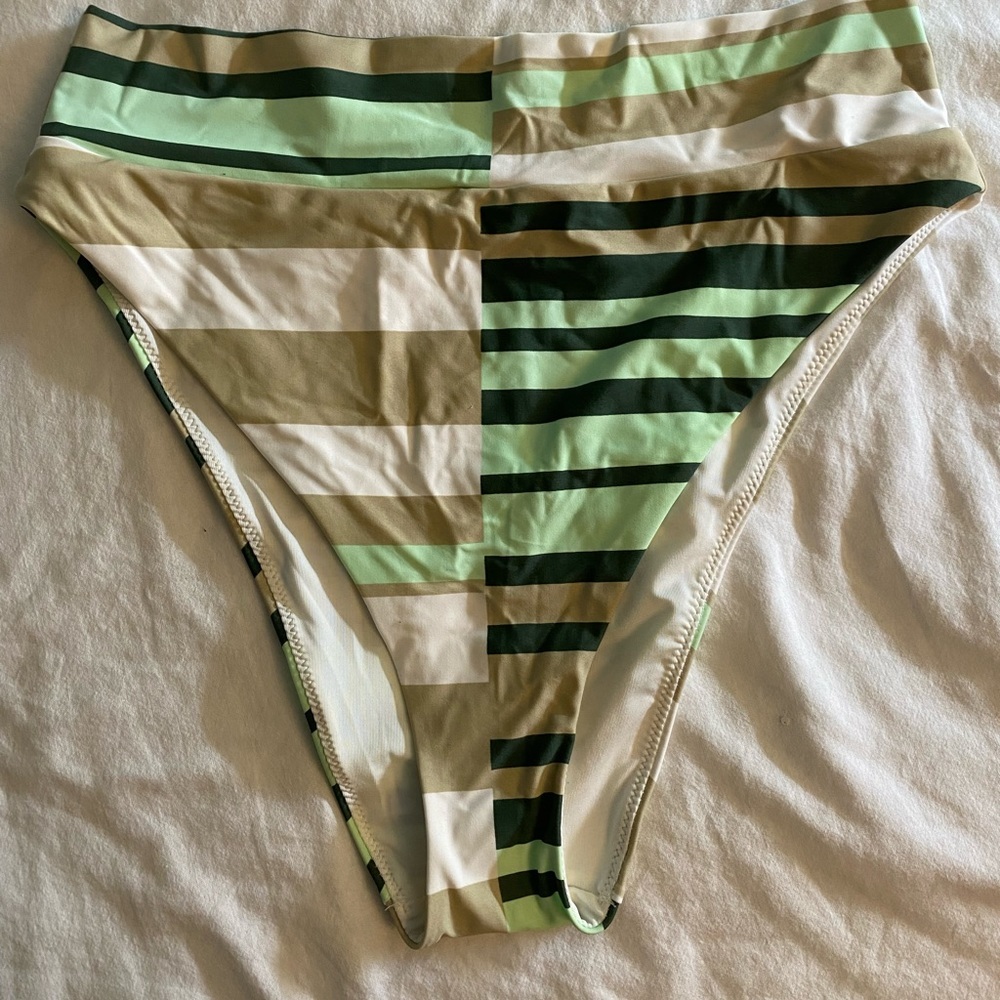 NWT Striped Multi Color High Cut Cheeky Bikini Sz Large